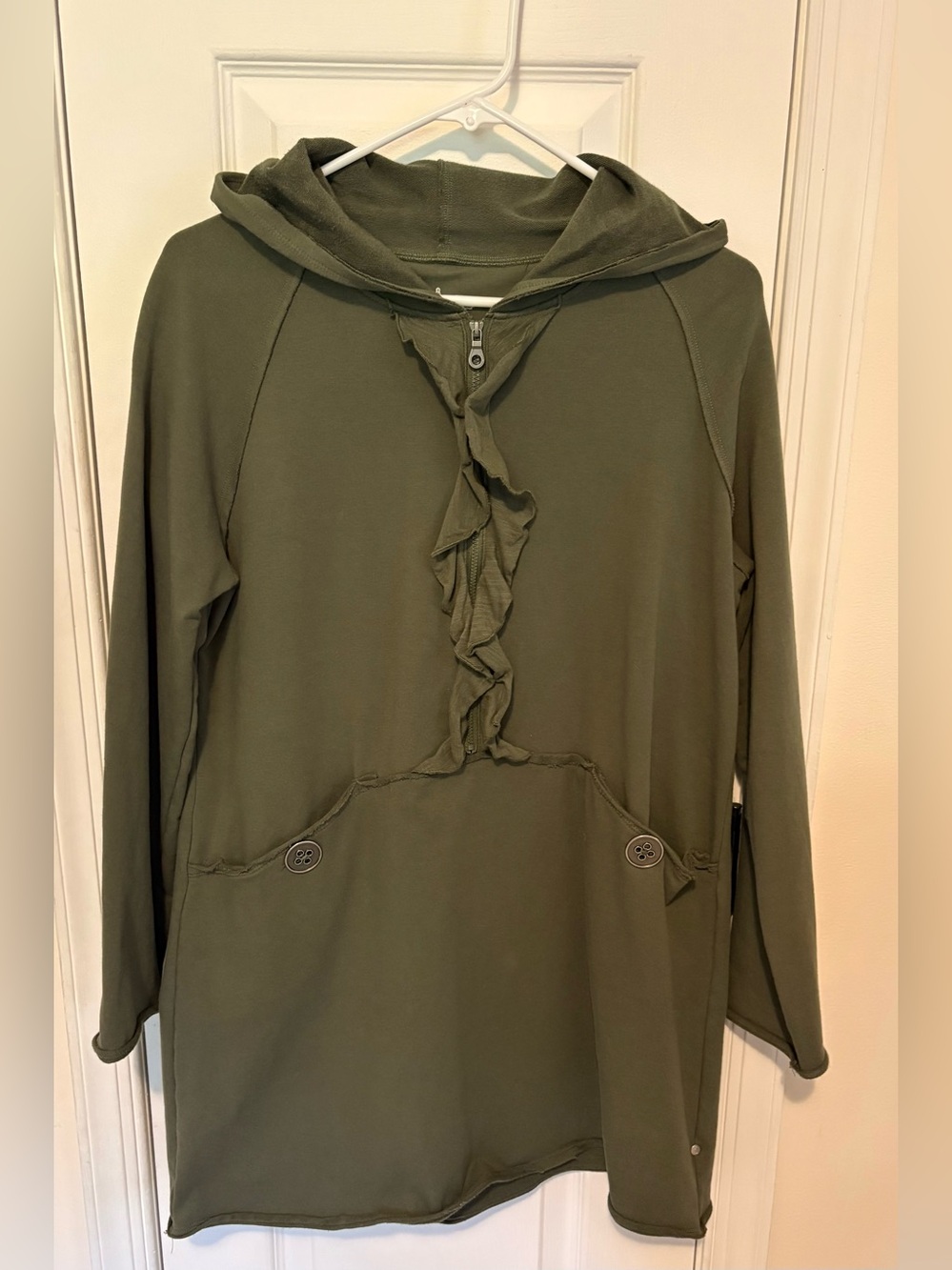 neon buddha Olive Green Hooded Ruffle-Front Tunic Sweatshirt - Size L